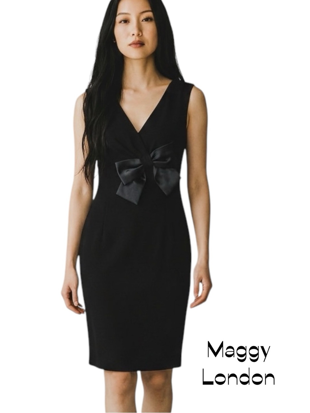 Maggy London Black With Bow Sheath Party Event Feminine Dress NWOT Size 6P